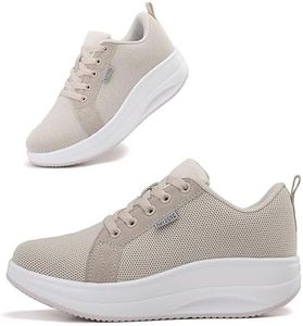 Oude Womens Walking Sneakers Comfy | Platform Shoes for Women Fashion | Stylish Standing All Day Rocker Bottom, Beige, 6, 92333