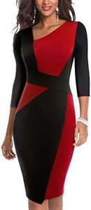 HOMEYEE Women Vintage Contrast Color Patchwork Office Pencil Work Business Dress B517, Red+black-3/4 Sleeve, 8