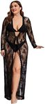 Verdusa Women's Plus Tie Knot Front Sheer Lace Sleepwear Long Robe Nightgown Black 5XL