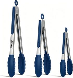 Kitchen Tongs, Set of 3 Stainless Steel Tongs with Silicone Tips Locking Cooking Tongs 600ºF Heat Resistant Tong for Cooking BBQ Grilling Air Fryer Serving Food Salads, 7"+9"+12" Classic Blue