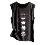 Lazzboy Women Tank Top Moon Cycle/Cat/Fox/Feather Sleeveless Round Neck Vest Camis Size 8-16 Loose Ladies Blouse Shirt(XL(14),Black-Moon)