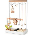 PAMANO Jewelry Organizer Necklace Stand, 3-Tier Jewelry Stand Wooden Ring Earring Tray, 12 Hooks Bracelet Hanging Display Rack for Earrings Rings Watches Storage