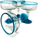 Mexican Hand Blown Glass – Set of 4 Hand Blown Margarita Glasses (16 oz) with Aqua Blue Rims