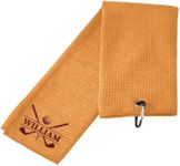 Personalized Golf Towels with Carabiner Clip - 16"x24" Tri-Fold Golf Towel with Name - Towels for Golf Bags for Men – Quick Dry Waffle Microfiber Golf Bag Towel - Golf Accessories for Men - Orange