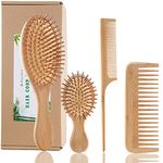 Bamboo Hair Brush Comb Set, Eco-Friendly Anti-Static Detangling Comb Hairbrush for Women and Men - Tail Comb, Tooth Comb, Big and Mini Massage Wooden Brush for Thick Thin Curly Straight Dry Wet Hair