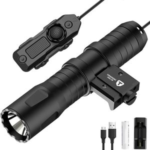 DARKFANG tactique lampe de poche 1250 lumens Picatinny Rail, lampe de poche rechargeable avec interrupteur de pression