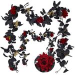 RECUTMS Artificial Rose Vines 2PCS Fake Hanging Silk Flower Plastic Floral Garland with Leaf for Indoor Wedding Party Table Centerpiece Home Garden Wall Halloween Decor (Red)