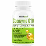 HERBAGENIX Coq10 Coenzyme Q10 300mg With Alpha Lipoic Acid Ala, Omega 3 Fatty Acid, Lycopene, Bioperine And Vitamin B1, B2 And B6 To Good Health Supplement-60 No Sugar Veg Tablets (No Capsule)