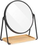 Navaris Vanity Mirror with Tray - Double-Sided Table Top Makeup Mirror with 1x/2x Magnification and Bamboo Base - for Bathroom, Bedroom, Desk - Black