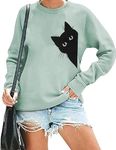 FRYAID Women's Funny Cat Print Sweatshirt Long Sleeve Pullover Lightweight Hoodie Shirt, Blue, Small