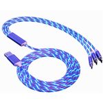 Gifts 4 Guys Multi Charger 3 in 1 Multiple Charging led Coloured illuminated Flashing Cable Nylon Braided Micro USB Type C Port Lead Cord Compatible Universal Connector (Blue)