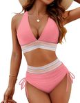 Vozobi Women's Bikini Sets Color Block Trim 2 Piece High Waisted Swimsuit V Neck Adjustable Drawstring Straps Bathing Suit Pink