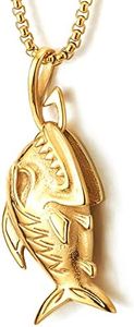 COOLSTEELANDBEYOND Couleur d'or Requin Pointues Dent Poisson Os Squelette Pendentif Collier Homme Acier Inoxydable - 70CM Chaîne de Blé