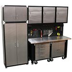 Seville Classics HD 9 Piece Standard Garage Storage System Stainless Steel Workbench, Steel Upright Cabinet and Overhead Hanging Wall Cabinets