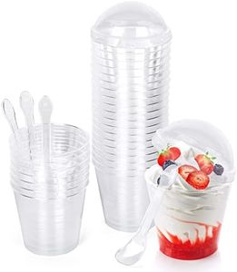 CoKeeSun 30 Pièces Tasses à Dessert avec Couvercles & Cuillères, 200ml Verrines Plastiques Rondes, Coupelle à Dessert Réutilisables, Gobelets à Dessert pour Tiramisu Pudding Mousse Crème Glacée