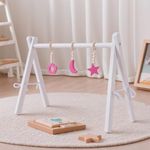 BABESIDE Baby Doll Play Gym and Wardrobe – Wooden Doll Accessories with Hanging Toys, DIY Stickers, Non-Slip Strips – Sturdy & Foldable Reborn Baby Doll Accessories Pretend Play Gift for Girls Boys