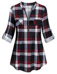 Plaid Blouses for Woemn,Tanst Girls Front Zipper Cute Collar 3/4 Roll Sleeve Plus Size Tunic Flattering Fits Nicely Henley Casual Polo Shirt Comfy Regular Tops with Pockets Red 2XL