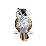 Bling Jewelry Lucky Large Fashion Statement Animal 3D Brown Orange Enamel Bird On Branch Wise Owl Scarf Brooch Pin for Women Teens Silver Plated