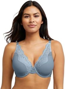 Bali Women's One Smooth U Lace Underwire Bra, Comfort Stretch Full-Coverage Convertible Bra, Soft Blue-Grey, 14D