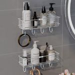 Plantex Stainless Steel Self-Adhesive Multipurpose Bathroom Shelf with Hooks/Towel Holder/Rack/Bathroom Accessories-Wall Mount - Pack of 2 (Chrome)