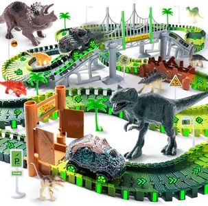 218 PCS Dinosaur Race Tracks for Kids Toys, Glow in The Dark Magic Toy Set, 2 Dinosaur Cars Track, Flexible DIY Track Set, Birthday Gift for Age 3-9 Boys Toddler Girls