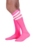 NEON NATION Unisex Knee High Team Tube Socks with Various Colored Stripes- Lightweight and Breathable, Neon Pink With White Stripes, One Size