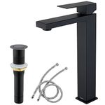 Tohlar Vessel Sink Faucet Black, Tall Bathroom Faucet, Modern Single Handle Black Vessel Sink Faucet 1 Hole Deck Mount, Matte Black Washroom Vanity Faucet with Pop Up Drain and Water Supply Hose