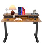 FEZIBO Height Adjustable Electric Standing Desk with Double Drawer, 100 * 60cm Stand Up Table with Storage Shelf, Sit Stand Desk with Splice Board, Black Frame/Rustic Brown Top