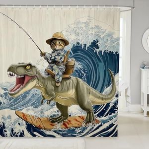 Feelyou Funny Cat Shower Curtain Cute Kitten Dinosaur Bath Curtain for Kids Boys Girls Japanese Ocean Wave Bathroom Decor Rustic Farmhouse Bathroom Waterproof Accessories with 12 Hooks,72x84 Inches