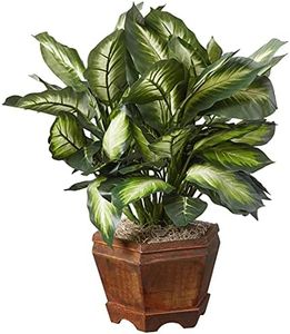 Nearly Natural 6720 Triple Golden Dieffenbachia Plant with Wood Vase, Green