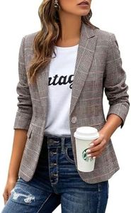 Womens Blazers Business Casual Long Sleeve Lapel Button Suit Work Blazer Jacket with Pockets(Khaki Plaid,Large)