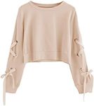 SweatyRocks Women's Casual Lace up Long Sleeve Pullover Crop Top Sweatshirt Deep Beige XL