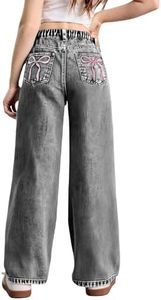 WDIRARA Girl's Bow Print Back Zipper Fly Elastic High Waist Denim Pants Basic Wide Leg Jeans Grey 9Y
