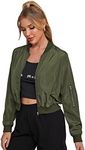 OYOANGLE Women's Lightweight Bomber Biker Jacket Zip up Windbreaker Crop Bomber Jacket Coat Army Green S