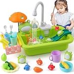 FRUSE Play Sink with Running Water,Kids Play Kitchen Toy Sink with Upgraded Electric Faucet,Kids Kitchen Accessories,Fishing Water Toys,Pretend Role Dishwasher Toy for Boys Girls Toddlers（Green)