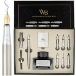 Wordsworth & Black Calligraphy Pen Gift Set, Includes Ink Bottle, 6 Ink Cartridges, A Refill Converter, 6 Replacement Nibs, Premium Package, Journaling, Smooth Writing Pens [Silver Chrome]