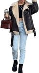 FeMereina Women Faux Lamb Fur Leather Short Jacket Lapel Zipper Bomber Outwear Faux Suede Lapel Coat Warm Biker Motor Aviator Coat (Dark Brown, M)