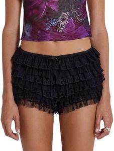 Ruffle Bloomer Shorts Women Layered Lace Low Rise Bottoms Pajamas Micro Pettipants Y2k Sleep Lounge Pj Mini Pants, Black Ruffled, Medium