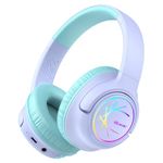 Kids Headphones Wireless with LED Lights, iClever BTH18 Safe Volume 74/85dBA, 43H Playtime, Stereo Sound, USB-C, AUX Cable, Bluetooth5.3 Over Ear Kids Headphones Wireless (Purple)