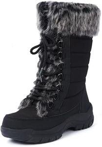 AUSLAND Women's Black Winter Snow Boots Twin Peaks Grey Fur Cuff Mid-Calf Waterproof Lace Up Boots E7623 10US/41EU