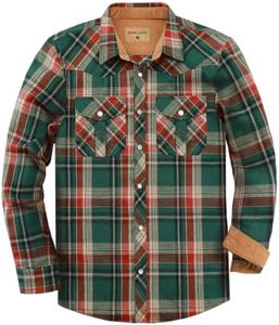 COSLAND Mens Flannel Shirts Long Sleeve Western Shirt, Red Green, XXL | Pearl Snap, Corduroy Trim, Dual Chest Pockets with W-Stitch Detail