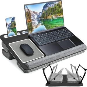 QUDODO Lap Desk - Left Handed 17In Foldable Laptop Bed Tray Table with Adjustable Dual Cushion Wrist Rest & Mouse Pad,Portable Wood Laptop Stand for Bed Sofa,Multifunctional Slot for Tablet & Phone
