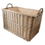 Arthur Cameron Deluxe Rectangular Wicker Log Basket with Lining and Handles (Antique Wash, Large)