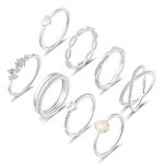 RLMOON 8PCS Silver Plated Ring Set for Women Dainty Twist Simulated Diamond Ring Eternity Band Non-Tarnish silver Stackable Ring Size 9