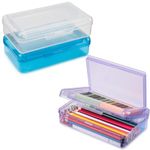 Meiikun 3 Pack Plastic Pencil Box 2 Compartments, Large Capacity Pencil Case, Multicolor Crayon Box, Aesthetic Stationery Storage Organizer for School Office Kids Boys Girls (Blue,Clear,Purple)