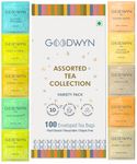 Goodwyn Assorted Herbal Tea Sampler Gift Box (100 Tea Bags) – 10 Flavors x 10 Each | Tulsi, Kahwa, Turmeric, Assam, Green, Lemon, Earl Grey, Masala, Chamomile, Peppermint | Low to No Caffeine