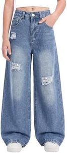 PATPAT Girls Baggy Ripped Jeans 5-14Y, Y2K Vintage Mid Waist Wide Leg Jeans, Trendy Denim Pants with Elastic Waist & Pockets