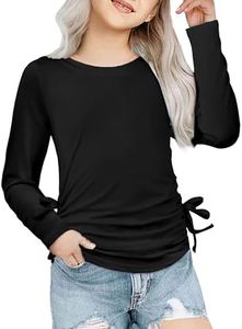 Arshiner Girls Tunic Tops Ruched Knot Side Girls Long Sleeve Shirts Size 10 Casual Long Sleeve T-Shirt for Girls Crew Neck Black Shirt for Girls