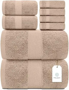 White Classic Luxury Bath Towel Set of 8 Pieces - 100% Turkish Cotton Highly Absorbent Towels for Bathroom, 2 Luxury Bath Towels 700GSM, 2 Hand Towels, 4 Washcloths, Taupe