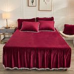 LIFEREVO Luxury Pom Poms Velvet Bed Skirt, Red Velvet Wrap Around Bed Skirt, Quilted Fitted Bed Sheet Bedskirt, 18 Inch Drop Dust Ruffle Decorative Bed Skirt Pompoms Fringe(Full/Queen, Burgundy)